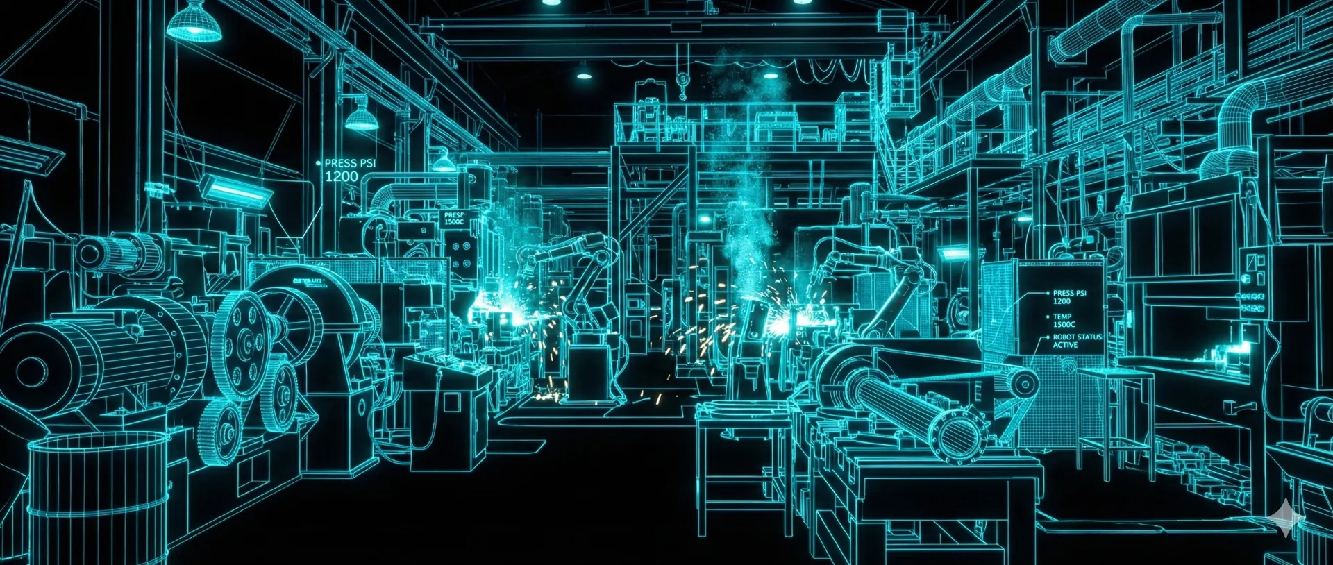 Cyan wireframe digital twin of an industrial factory floor showing optimized layout and real-time data overlays
