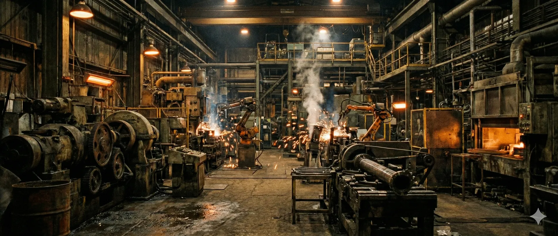 Gritty dark industrial factory floor with pipes and old machinery